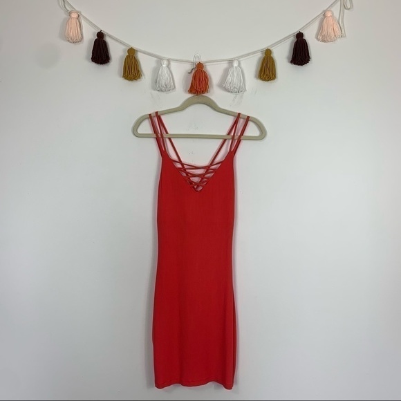 bebe Dresses & Skirts - Bebe Bodycon Ribbed Knit Coral Pink Mini Dress Size Small